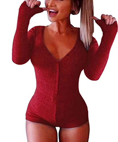 Roselux Women's Sexy Deep V Neck Shorts Long Sleeve Knitted One Piece Bodysuit Sexy Pajama Onesie Bodycon Rompers Overall