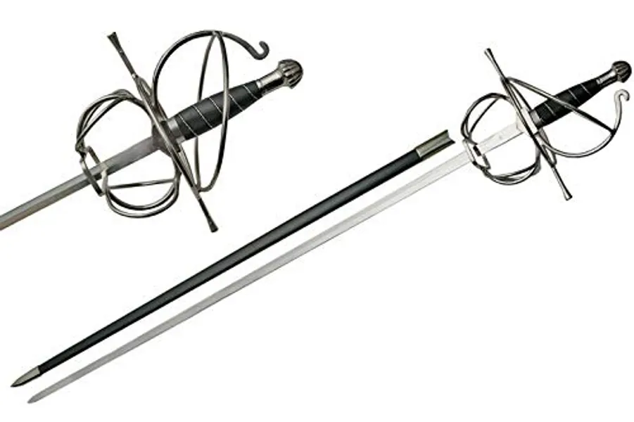 SZCO Supplies 43.5” Black Leather Wire Wrapped Handled Medieval Style Fancy Rapier Sword with Scabbard, One Size, Silver