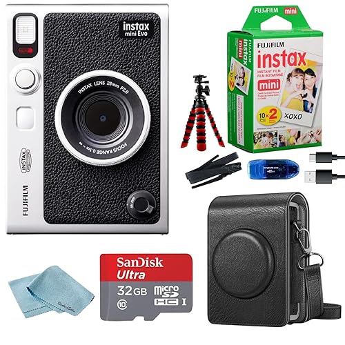 Fujifilm Instant Mini EVO Hybrid Camera Bundle with 20 Instant Film Sheets + 32GB Memory Card + Carrying Case + Flex Tripod + BluebirdSales Cleaning Cloth (Black) - Black