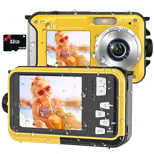 4K Digital Camera 11FT Underwater Camera with 32GB Card 56MP Autofocus Dual-Screen Selfie Waterproof Camera for Snorkeling Compact Floatable Point and Shoot Digital Camera 1250mAh Battery - Yellow
