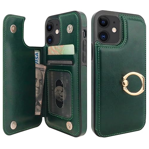 Onetop for iPhone 12/12 Pro Wallet Case with Card Holder, 360° Rotation Ring Kickstand RFID Blocking PU Leather Double Magnetic Clasp Shockproof Cover for Women and Girls 6.1 Inch (Green) - Green