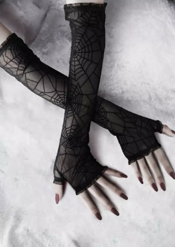 Black Spider Web Lace Gloves - Black