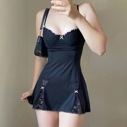 Pastel Lace Babydoll Dress with Silk Ribbons and Lace Accents - black / S