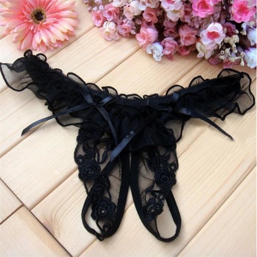 Floral Crotchless Panties - Black