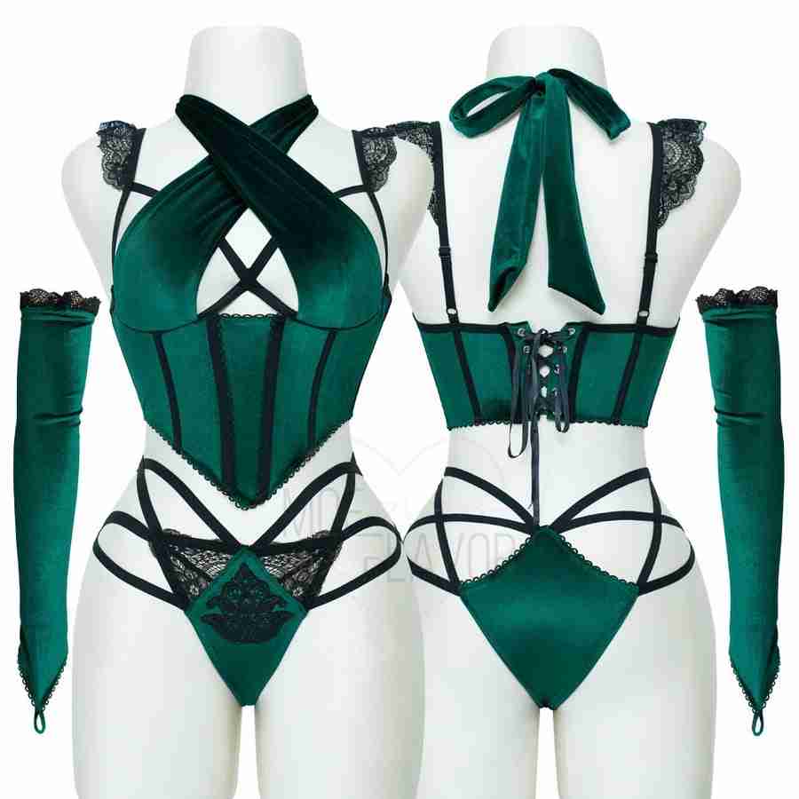 Harlot Lingerie Medieval Anime Costume for Women – Cosplay Set | Soft Touch Velvet Fantasy Cosplay Outfit with Lace Trim Costume for Parties, Holidays, Halloween and Valentine's Day