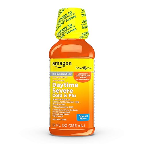Amazon Basic Care Severe Daytime Cold and Flu, Maximum Strength Liquid Cold Medicine, Non-Drowsy, Multi-Symptom Relief, for Adults and Children Age 6 and Over, Original, 12 fl oz (Pack of 1) - 12 Fl Oz (Pack of 1)