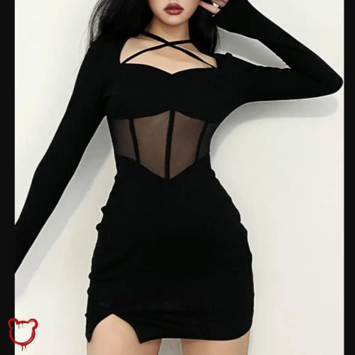 Black Mesh Patchwork Dress - Black Dress / L