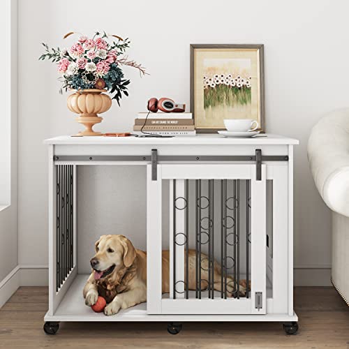 IchbinGo Large Dog Crate Furniture with Sliding Barn Door, 43.7" Wooden Dog Kennel End Table with Wheels and Flip-top Plate Dog House with Detachable Divider for Small/Medium/Large Dog (White) - XL (43.7"L x 29.9"W x 31.2"H) - White