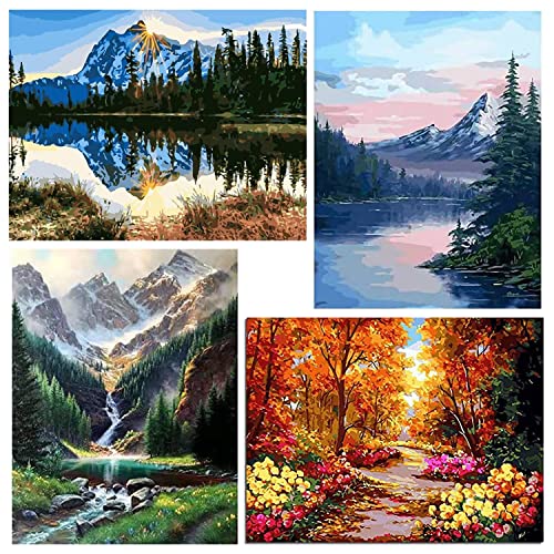 Fycert Paint by Numbers Kit for Adults Kids - Crafts DIY Paint by Numbers Kits for Beginners - Color by Numbers Pack on Canvas Painting Kit - Acrylic Paint on Mountains Lake