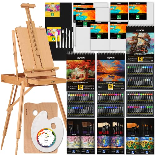 VISWIN 147-Piece Painting Set - Oil, Acrylics, Watercolors, Canvas, Easel, Brushes, Palette for Artists, Beginners - With French Easel