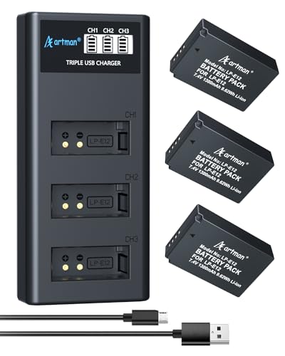 Artman 3-Pack LP-E12 Batteries 1300mAh and 3-Slot LCD Charger Pack for Canon EOS M50, M50 Mark II, M, M2, M10, M100, M200, Rebel SL1, PowerShot SX70 HS Digital Cameras