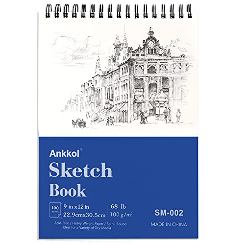 Ankkol Sketch Book 9x12 Inch Artist Sketch Pad, 100 Sheets (68lb/100gsm) Top Spiral Bound Sketchbook, Acid-Free Drawing Paper Pad, Art Supplies for Colored and Graphite Pencils, Charcoal & Soft Pastel - 9"x12" - 1 Pack