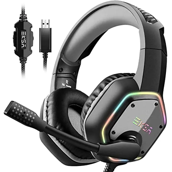 EKSA E1000 USB Gaming Headset for PC, Computer Headphones with Microphone/Mic Noise Cancelling, 7.1 Surround Sound, RGB Light - Wired Headphones for PS4, PS5 Console, Laptop, Call Center