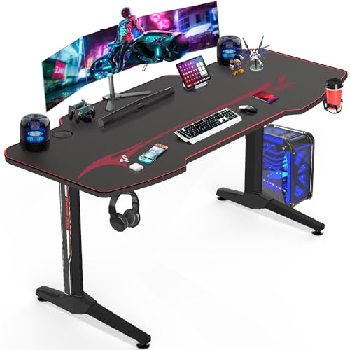 Homall Gaming Desk 180 x 60cm Large Computer Table PC Gaming Desk for Home Office, Metal Frame Gaming Table with Cable Tray and Headphone Hook, Black
