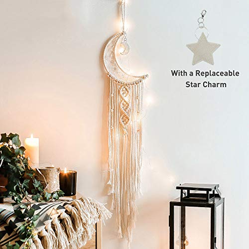 Boho Macrame Woven Wall Hanging, Crochet Crescent Moon Star Dream Catcher with Long Tassel- White Cotton Handmade Bohemian Nursery Decor Decoration Art Craft for Kids Bedroom Dorm Room - Cream White - With Light