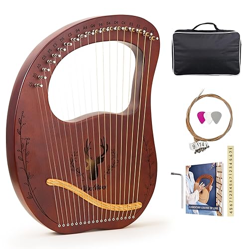 VixxNoxx Lyre Harp, 19-String Mahogany Lyra Harp Kit, Stringed Musical Instruments with Tuning Wrench Bag Instructions Extra Strings for Beginners Adults - 19 Strings