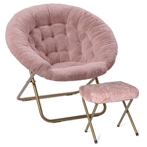 Milliard Cozy Chair with Footrest Ottoman/Faux Fur Saucer Chair for Bedroom/X-Large (Pink) - Pink + Footrest