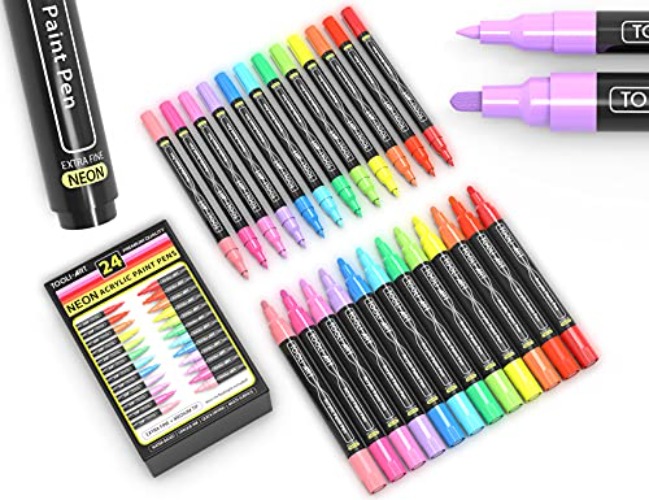 TOOLI-ART Acrylic Paint Markers Paint Pens Special Colors Set Extra Fine And Medium Tip Combo For Rock Painting, Canvas, Fabric, Glass, Mugs, Wood, Ceramics, Plastic, Multi-Surface. Non Toxic, (NEON) - NEON