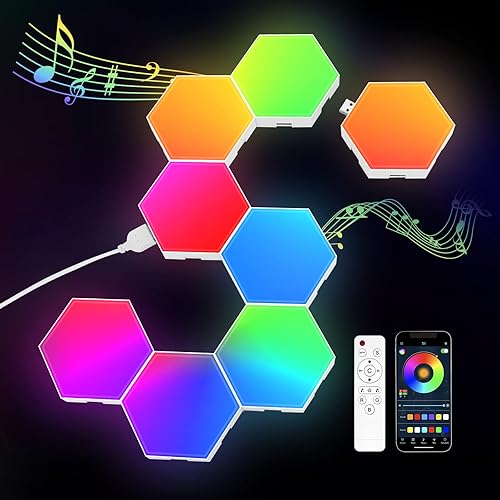 JIMIMORO 8 Pack Hexagon Light Panels -Cool Music Sync RGB Hexagon LED Lights Gaming Lights with APP & Remote Control Wall Lights Gift for Home Decor, Living Room, Bedroom,Gaming Room, Kids, Adults - A. Multicolor 8PCS