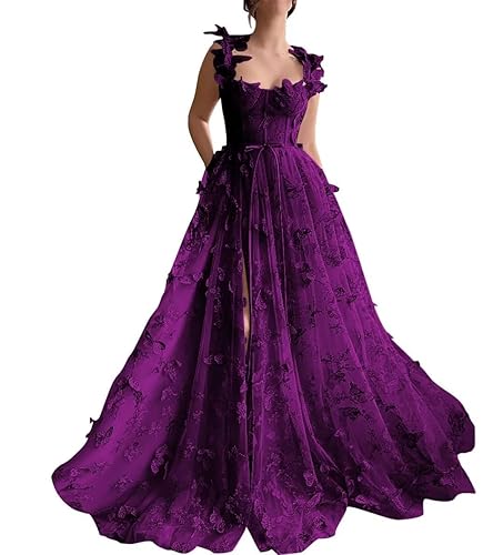 3D Butterfly Prom Dresses Tulle Ball Gowns for Women Fairy Lace Applique Formal Evening Dress with Slit - One Size - Plum