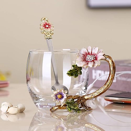 JY-Danbady Enamel Sunflower Crystal Lead-Free Glass Tea Cup with Spoon Set, Present for The Christmas, Valentine's Day.Best Present for Mother, Grandma, Girlfriend, Sister. - 11oz / 320ml Carton Package