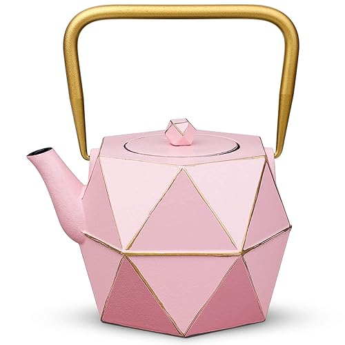 Toptier Cast Iron Teapot, Stovetop Safe Japanese Cast Iron Tea Kettle, Diamond Design Tea Pot with Removable Infuser for Loose Tea, 30 Ounce (900 ml), Pink - 30 oz / 900 ml - Pink