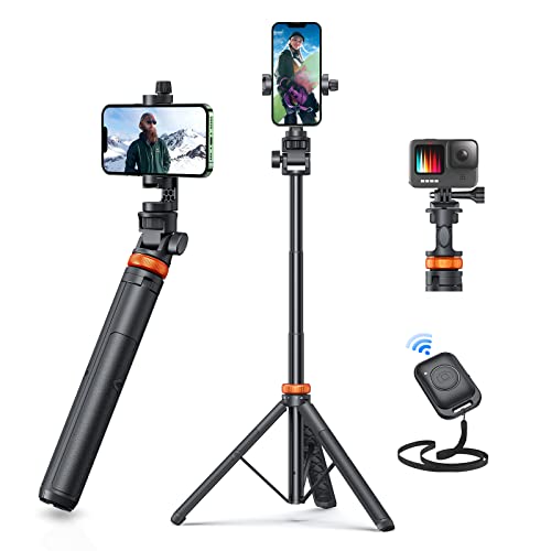 EUCOS Newest 62" Phone Tripod, Tripod for iPhone & Selfie Stick Tripod with Remote, Upgraded iPhone Tripod Stand & Travel Tripod, Solidest Cell Phone Tripod Compatible with iPhone 15/14/13/Android - Inferno Mix Carbon Black