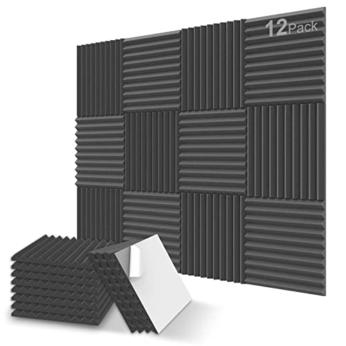 JBER 12 Pack Sound Proof Foam Panels, 1" X 12" X 12" Self-Adhesive Acoustic Foam Panels, Acoustic Panels Wedges High Density, Soundproof Wall Panels for Treatment Home Studio - Black - Self-Adhesive - 1 Inch 12 Pack Black