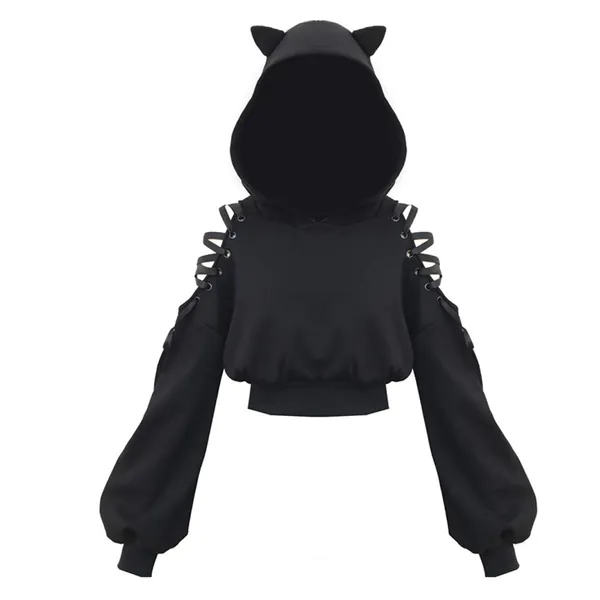 Women Hoodies Long Sleeve Cute Ear Cat Off Shoulder Crop Top Pullover Sweatshirt