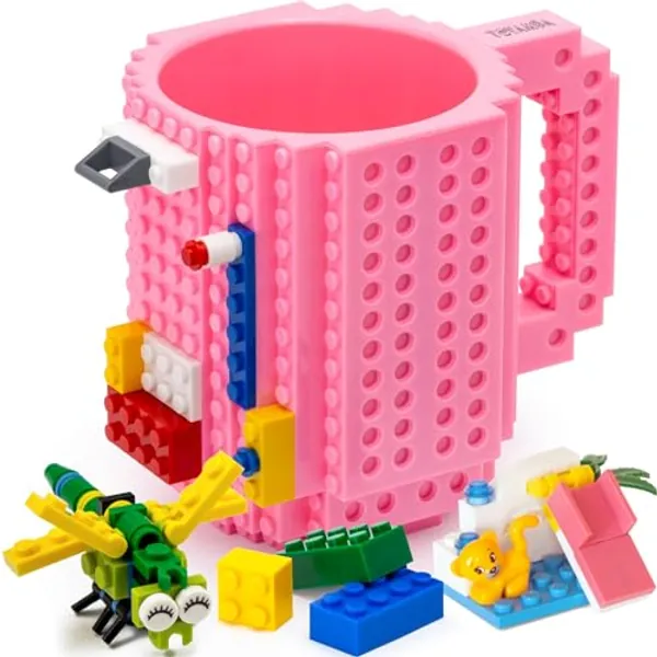 TOYAMBA Build-on Brick Mug BPA-Free Funny Coffee Mug with 3 Packs of Building Bricks, Funny Cups for Kids - Creative Building Block Mug DIY Idea 16OZ (Pink) - Pink