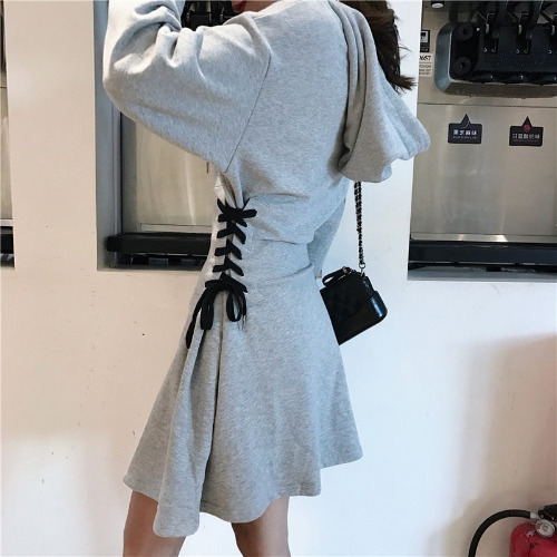 'Misery' Gray or Black Lace Up Hooded Dress - Gray / One Size