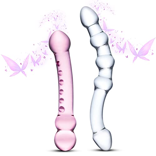 ASNOKNAE 2-Piece Crystal Pink and Clear Glass Dildo Set - Double-Ended Curved Anal Plug and Beads with Handles for Easy G-spot and P-spot Stimulation - Sex Toys for Adult Men and Women - 8.5 - Cute and Sexy Two-Piece Set