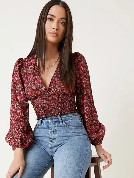 SHEIN Unity Bishop Sleeve Shirred Detail Ditsy Floral Top