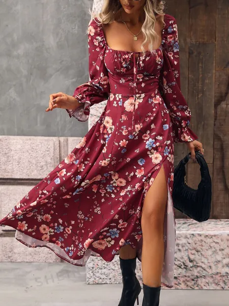 SHEIN VCAY Floral Print Flounce Sleeve Tie Front Split Thigh Dress