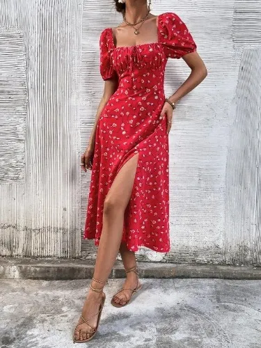 SHEIN Frenchy Allover Floral Square Neck Ruched Bust Puff Sleeve Split Thigh Dress | SHEIN EUR
