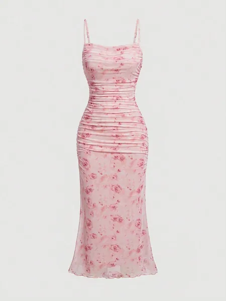 SHEIN MOD Floral Print Ruched Lettuce Trim Mesh Slim Fit Valentine Day Pink Cami Dress