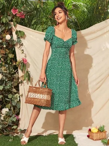 SHEIN VCAY Ditsy Floral Tie Front Ruffle Hem Milkmaid Dress | SHEIN EUR