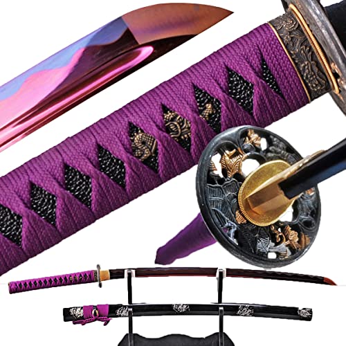 Handmade Japanese Samurai Katana Sword 41 inch 1095 High Carbon Steel/Damascus Folded Steel Full Tang Katana for Man Gift Cosplay Decoration Self Defense - Black，Purple