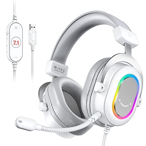 FIFINE USB RGB Gaming Headset with 7.1 Surround Sound for PC/Laptop/PS4 - White