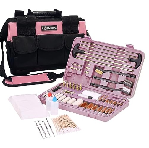 Gun Cleaning Kit with Gun Brushes Cleaning Patches and Stainlee Steel Cleaning Picks for All Caliber Rifle Handgun Shot Gun Cleaning Hard Case in Wide Mouth Tool Bag. - PINK
