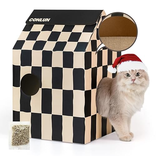 Conlun Cardboard Cat House with Cat Scratch Pad&Catnip,Easy-to-Assemble Cat Scratcher Cardboard House for Various Home Decor,Cat Scratching Home Toy for Indoor Cats&Small Animals Birthday - Chessboard