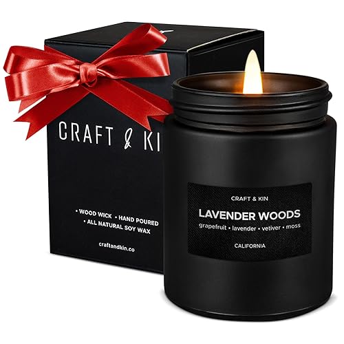 Craft & Kin Lavender and Wood Premium Holiday Candles | Scented Candles for Men | Soy Candles | Christmas Candles | Lavender Candles for Home | Long Lasting Candles with 45 Hour Burn Time- 7.6oz - Lavender Woods - Black Jar - 7.6oz