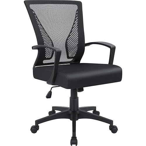 Furmax Office Chair Mid Back Swivel Lumbar Support Desk Chair, Computer Ergonomic Mesh Chair with Armrest (Black) - Black