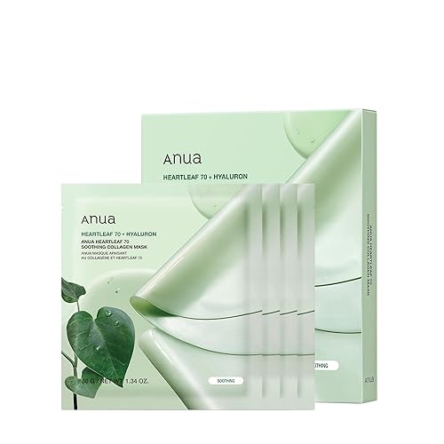 ANUA Heartleaf 70 Soothing Collagen Mask, Overnight Face Mask for Glass Skin, hyaluronic acid, Collagen, Soothing & hydration Facial Mask for Sensitive Skin, Natural Color, Korean Skin Care (38g, 4ea) - Heartleaf
