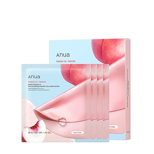 ANUA Peach 70 Niacin Brightening Collagen Mask, Overnight Face Mask for Glass Skin, Niacinamide, Collagen Facial Mask, Glow up with Hydration, Natural Color, Korean Skin Care (38g, 4ea) - Peach