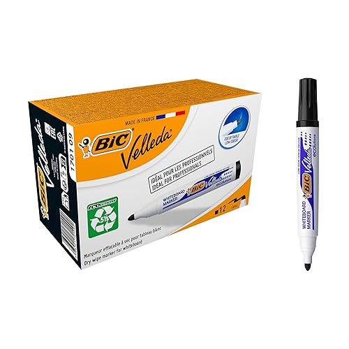 BIC Velleda Marking Rotuladores para pizarra blanca, Óptimo para material escolar y de oficina, 1701 ecolutions, 51% material reciclado, Negro, Punta Media, Caja de 12 - Negro - 12 unidad (Paquete de 1) - Rotuladores