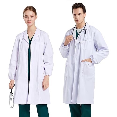 Bata Blanca Laboratorio Hombre, Bata Medico Mujer, CoatCool Algodón+Poliéster Bata Blanca Laboratorio Manga Larga Disfraz Medico Bata Laboratorio Bata Doctora para Estudiantes Enfermera Cosplay - Blanco - M (Peso: 65-72,5 kg/143-160 lb)