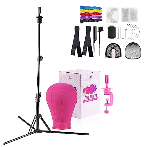 Neverland Beauty & Health 23 Inch Canvas Wig Head with Foldable Wig TriPod Stand (up to 63"),All-in-One Wig Head Stand with Mannequin Head Accessories with Gift Box Red - 23"Rose&63"Tripod