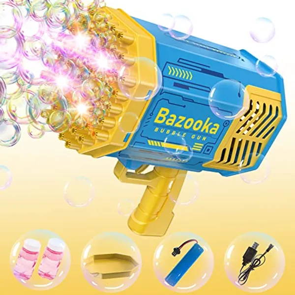 Bubble Machine Gun, Bubble Gun with Lights/Bubble Solution, Bubbles Kids Toys for Toddlers Boys Girls Age 3 4 5 6 7 8 Years Old, Summer Toy Gift for Outdoor Indoor Birthday Wedding Party(Blue-Yellow)