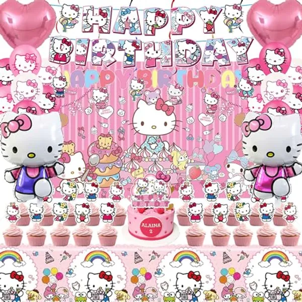 Kawaii Birthday Decorations, Cartoon Party Decorations Include Banner, Balloons, Backdrop, Tablecloth, Hanging Swirls, Cake Toppers for Kids Birthday Party Favor